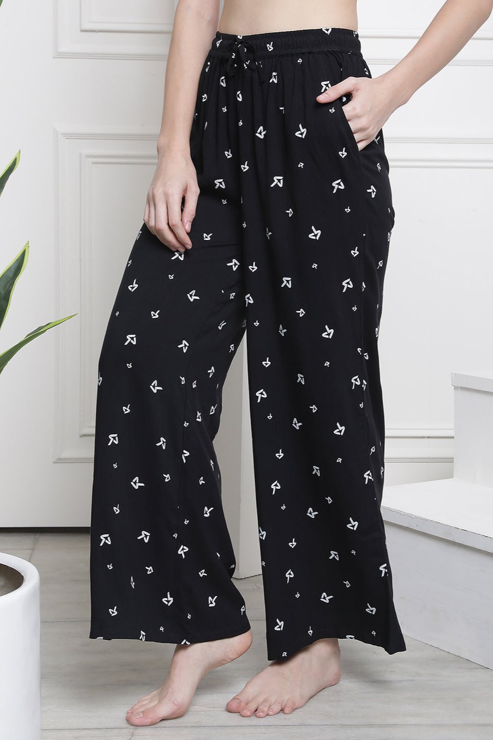 Black Abstract Printed Cotton Lounge Pants Claura Designs Pvt. Ltd. Lounge Pants Lounge Pant, Loungepant_size, Pajama, Plazzo, Rayon, Women