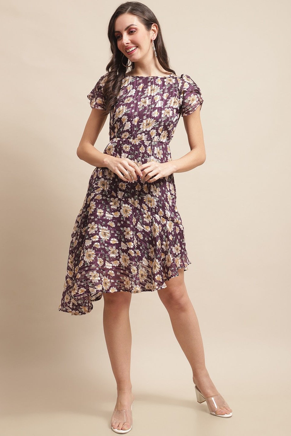 Purple Color Floral Printed Georgette Fit & Flare Dress Claura Designs Pvt. Ltd. Ethic dress Dress, Dresses, Floral, Georgette, Printed, Purple, Satin, Silk, Women
