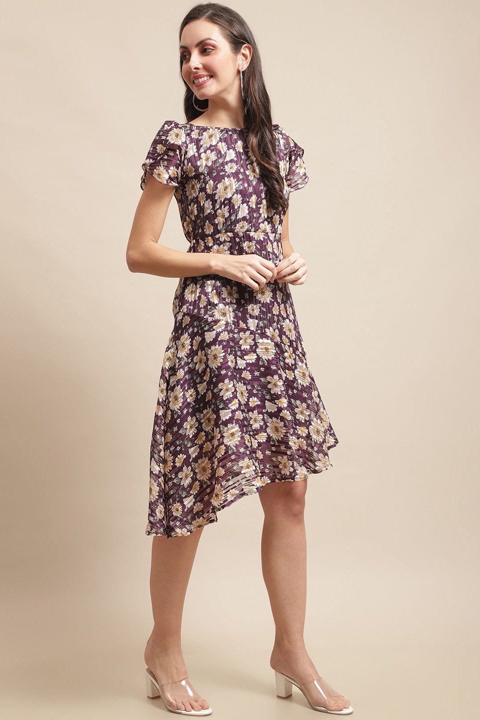 Purple Color Floral Printed Georgette Fit & Flare Dress Claura Designs Pvt. Ltd. Ethic dress Dress, Dresses, Floral, Georgette, Printed, Purple, Satin, Silk, Women