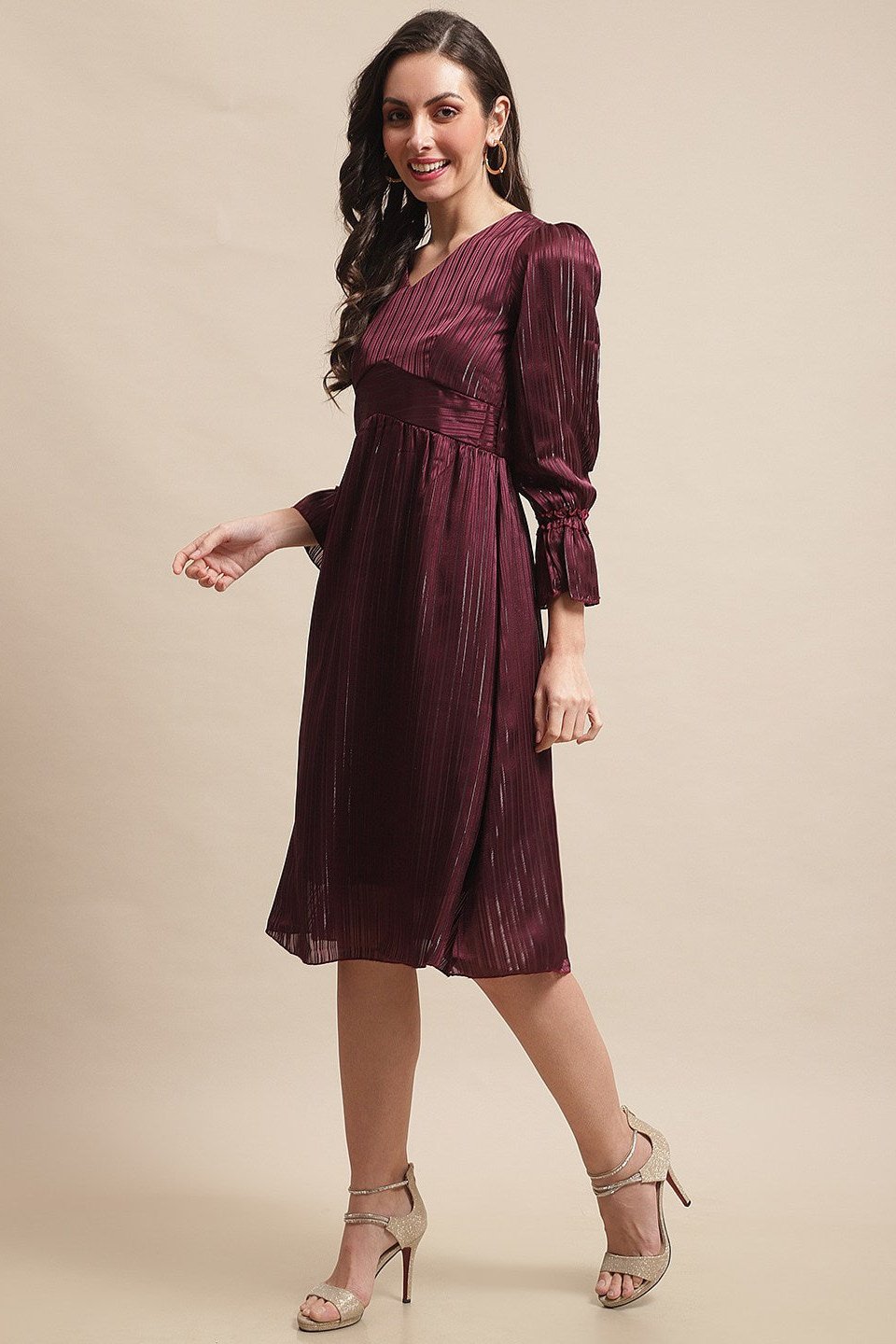 Wine floral georgette dress with short sleeves