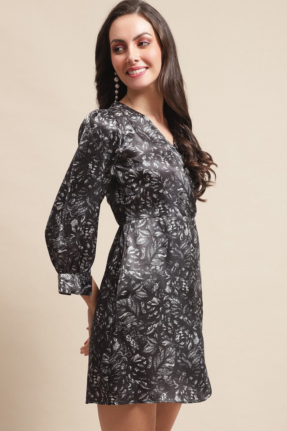 Black satin dress with short sleeves