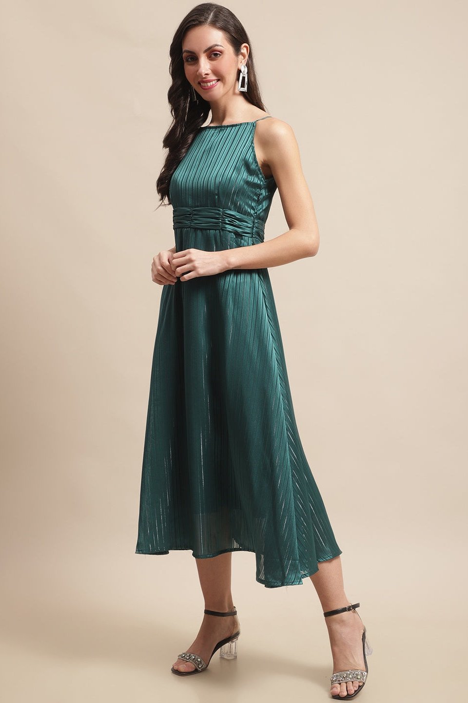 Green printed dress with relaxed fit and round neckline