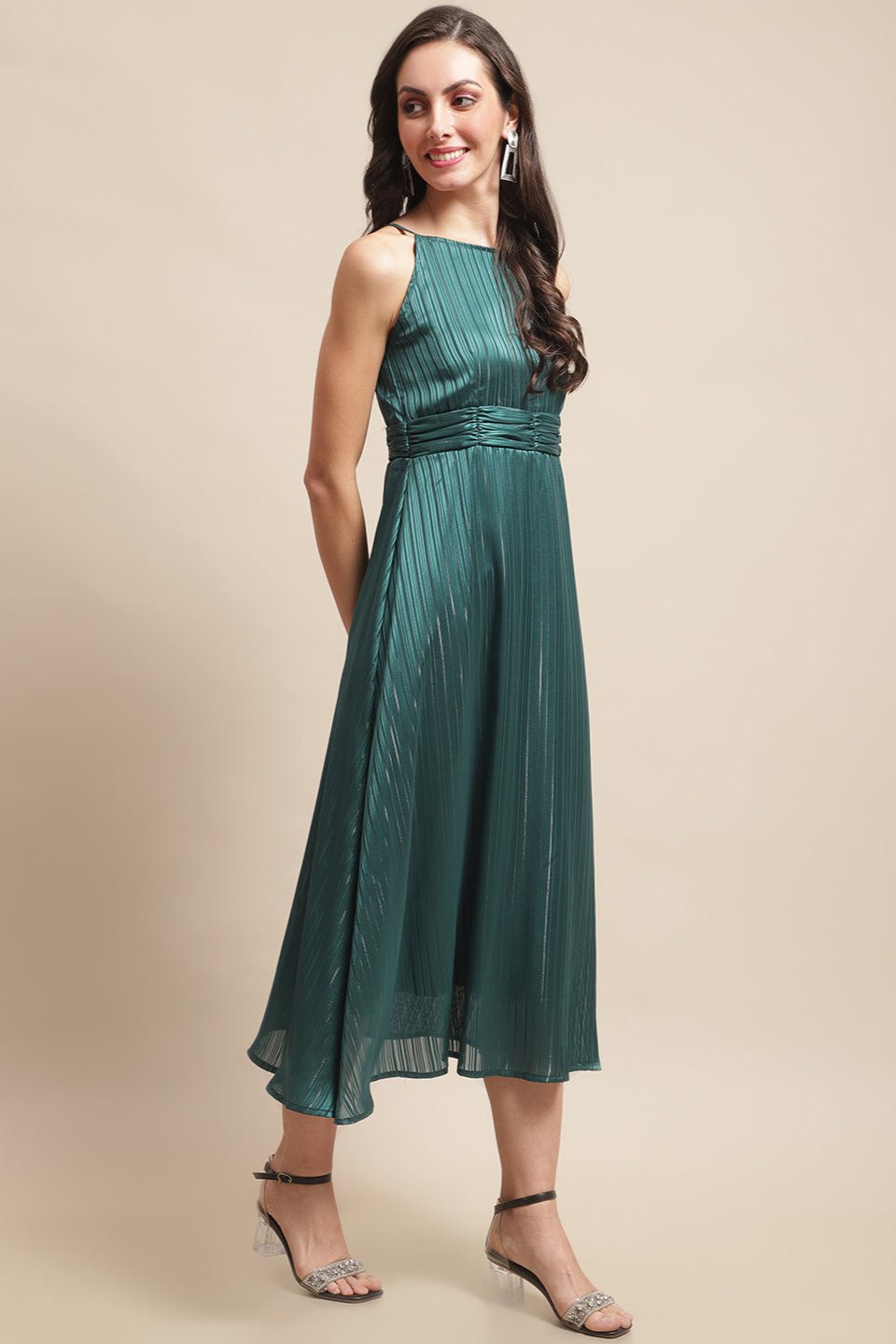 Lifestyle shot of green floral printed dress for women