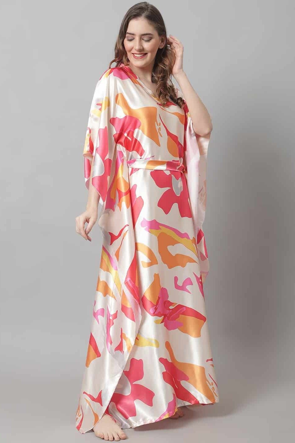 Cream Color Abstract Printed Satin Nighty Kaftan For Women Claura Designs Pvt. Ltd. Kaftan Abstract, cream color, Kaftan, Kaftan_allsizes, Nightdress, Printed, Satin, Short Sleeves, Sleepwea