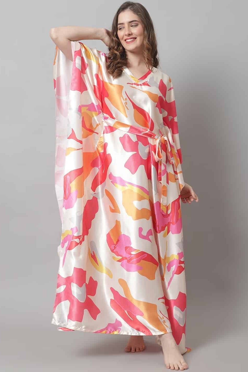 Cream Color Abstract Printed Satin Nighty Kaftan For Women Claura Designs Pvt. Ltd. Kaftan Abstract, cream color, Kaftan, Kaftan_allsizes, Nightdress, Printed, Satin, Short Sleeves, Sleepwea