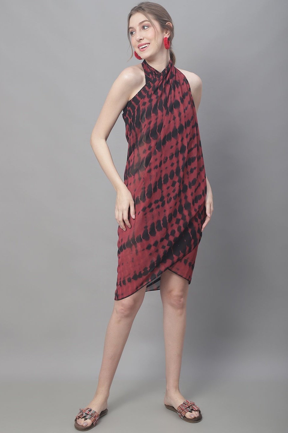 Woman wearing Maroon Solid Beach Dress for Women
