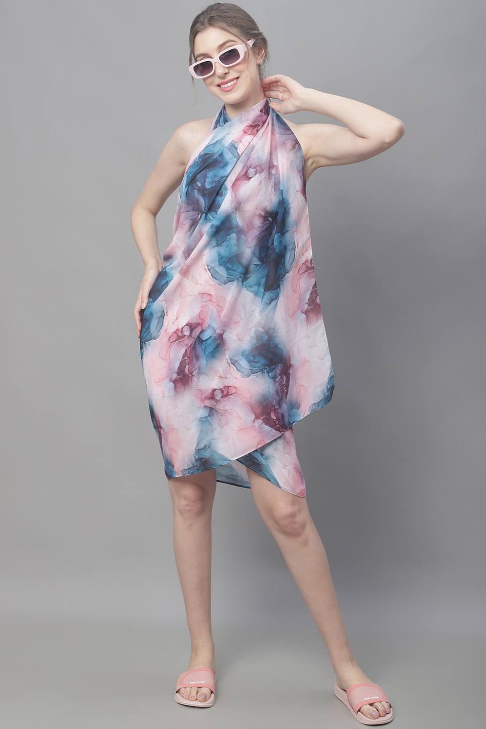 Woman wearing multi-color abstract beach dress for women
