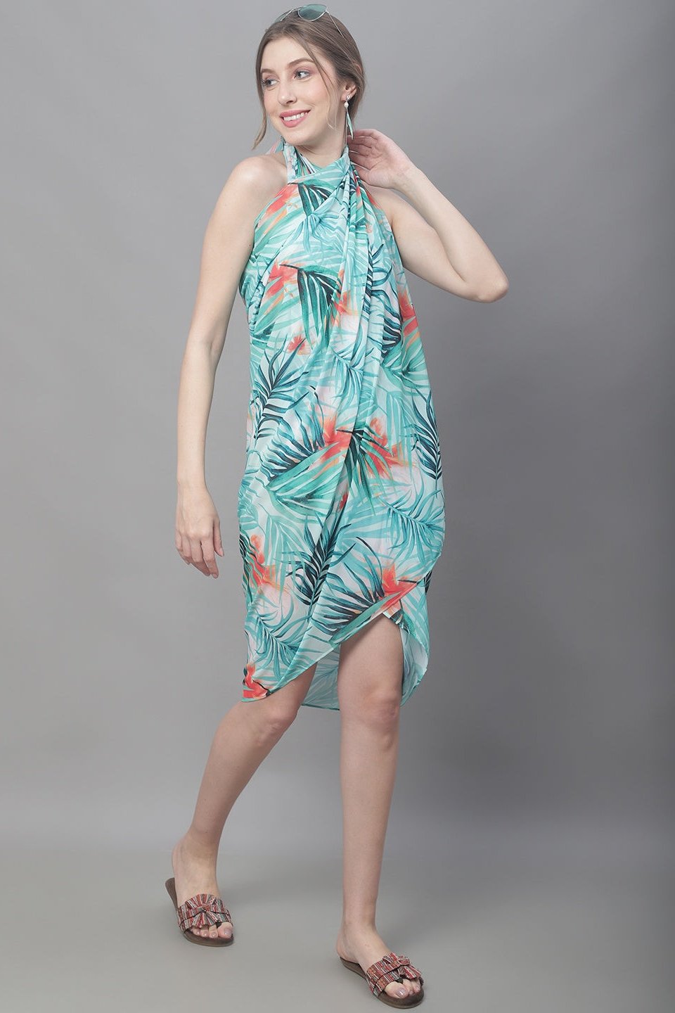 Woman wearing Green Solid Beach Dress for Women