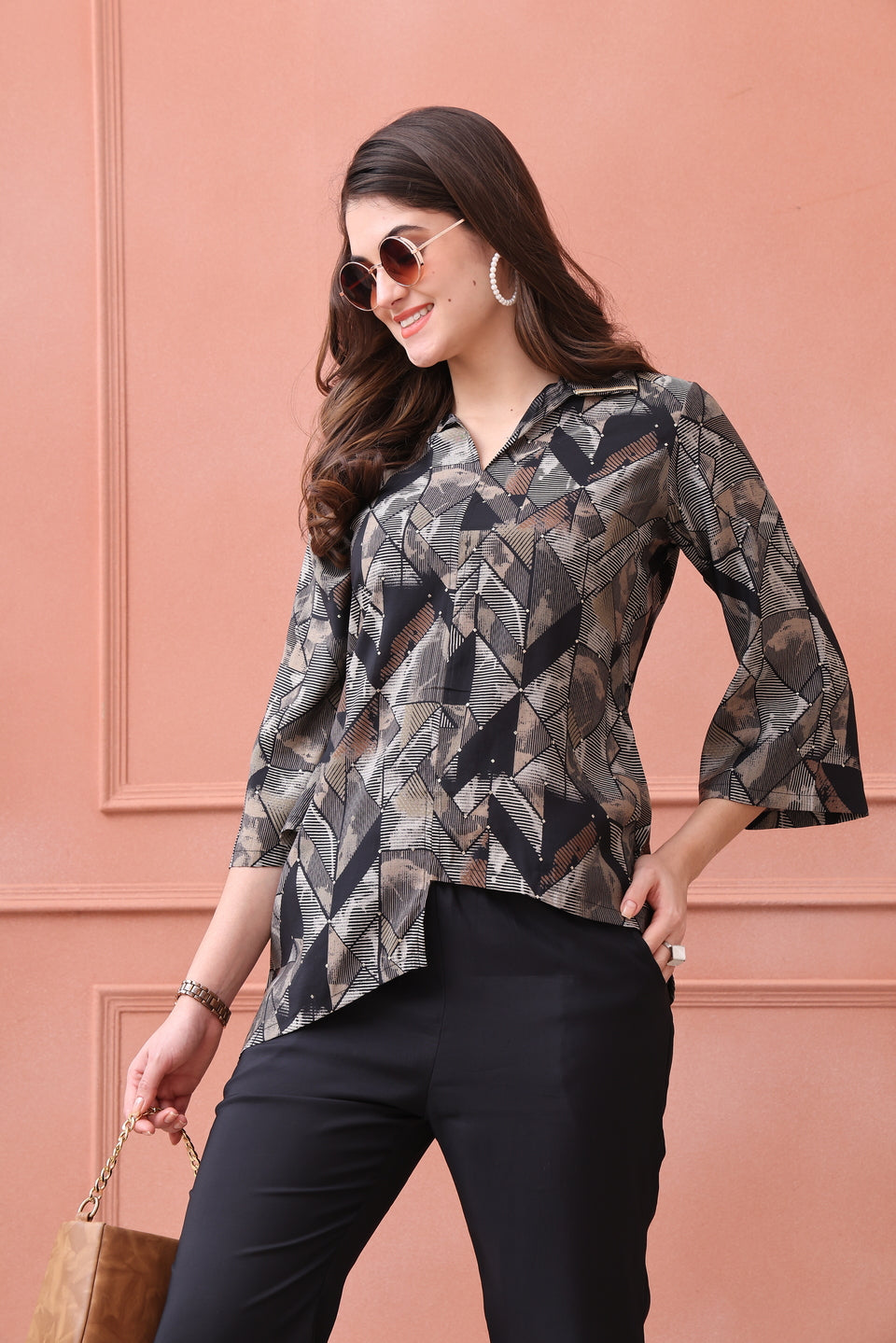Women's Embroidered Black Stylized Collar Shirt