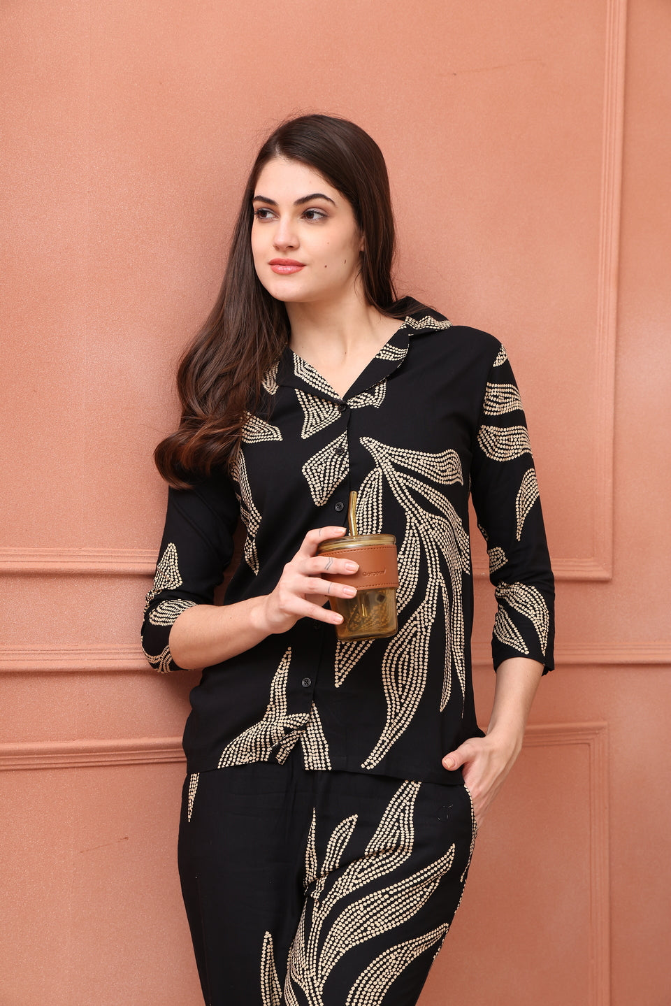 Close-up of viscose rayon fabric on Black Night Suit
