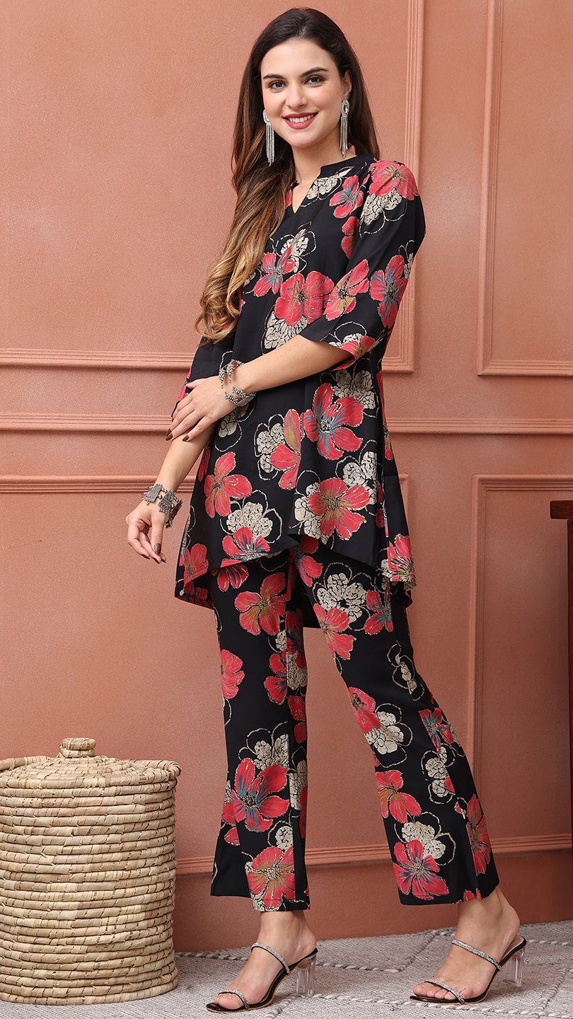 Black Floral Printed Premium Chanderi Co-Ord Set for Women | Claura