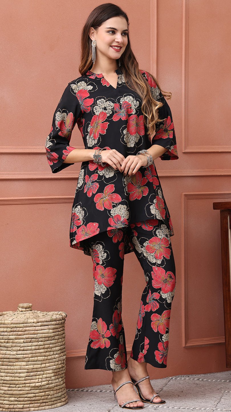 Black Floral Printed Premium Chanderi Co-Ord Set for Women | Claura