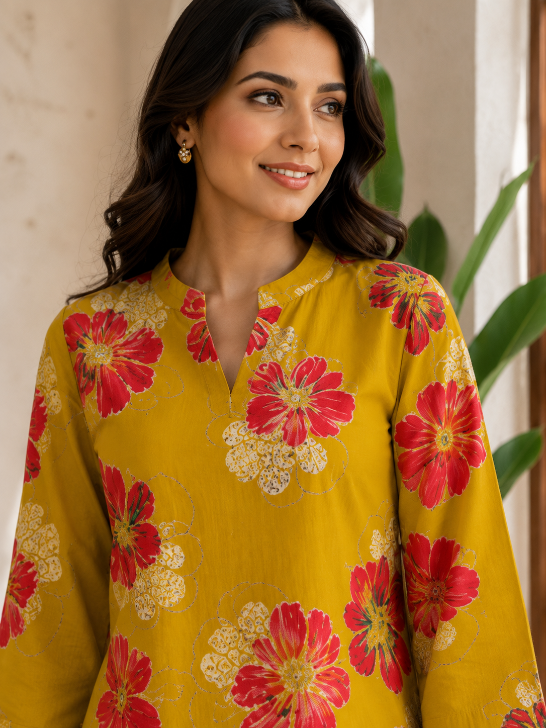 Mustard Floral Printed Chanderi Silk Co-Ord Set for Women