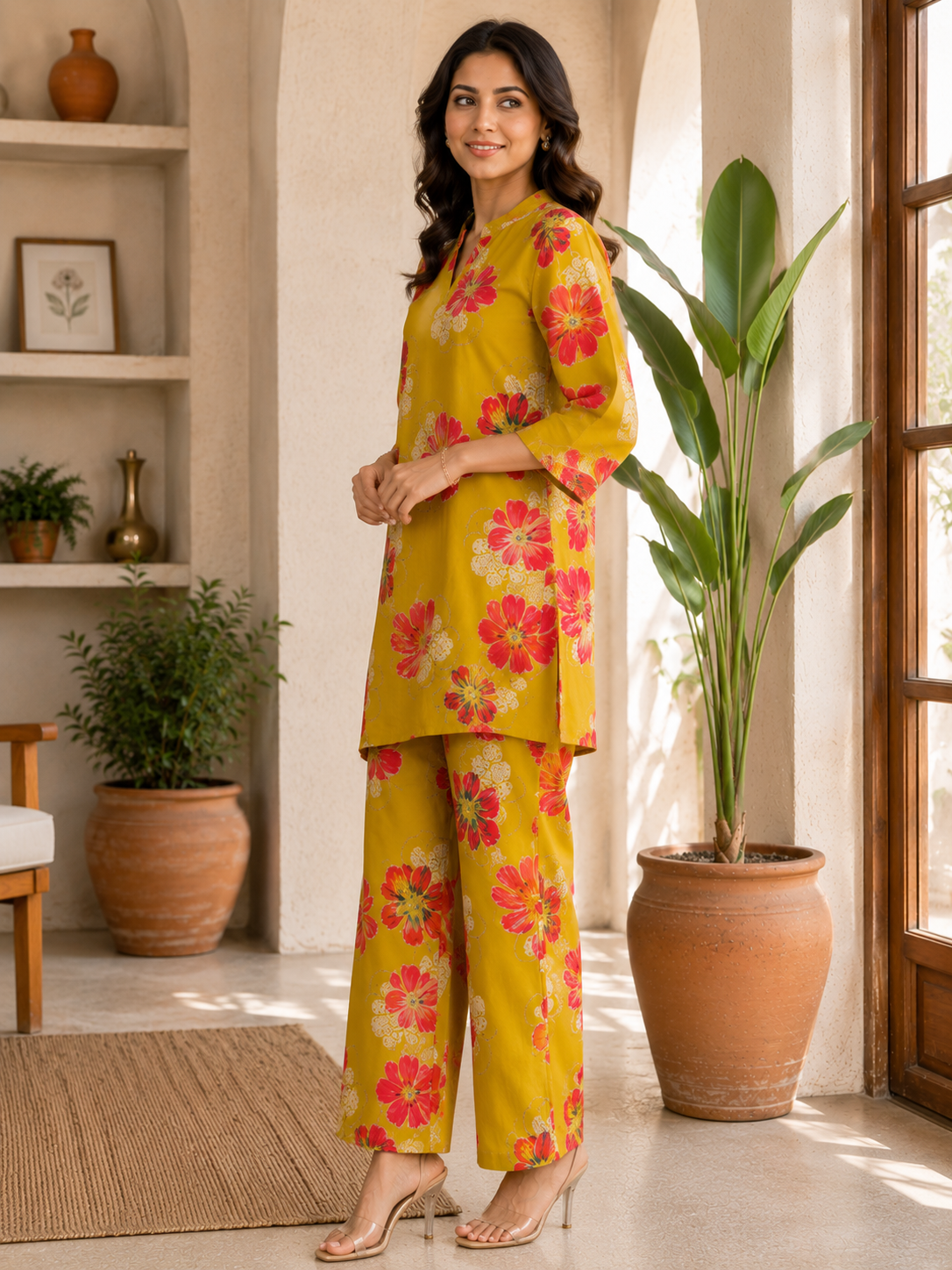 Mustard Floral Printed Chanderi Silk Co-Ord Set for Women