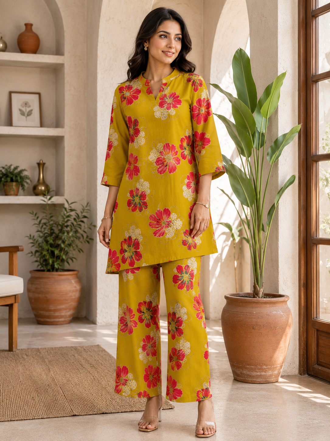 Mustard Floral Printed Chanderi Silk Co-Ord Set for Women