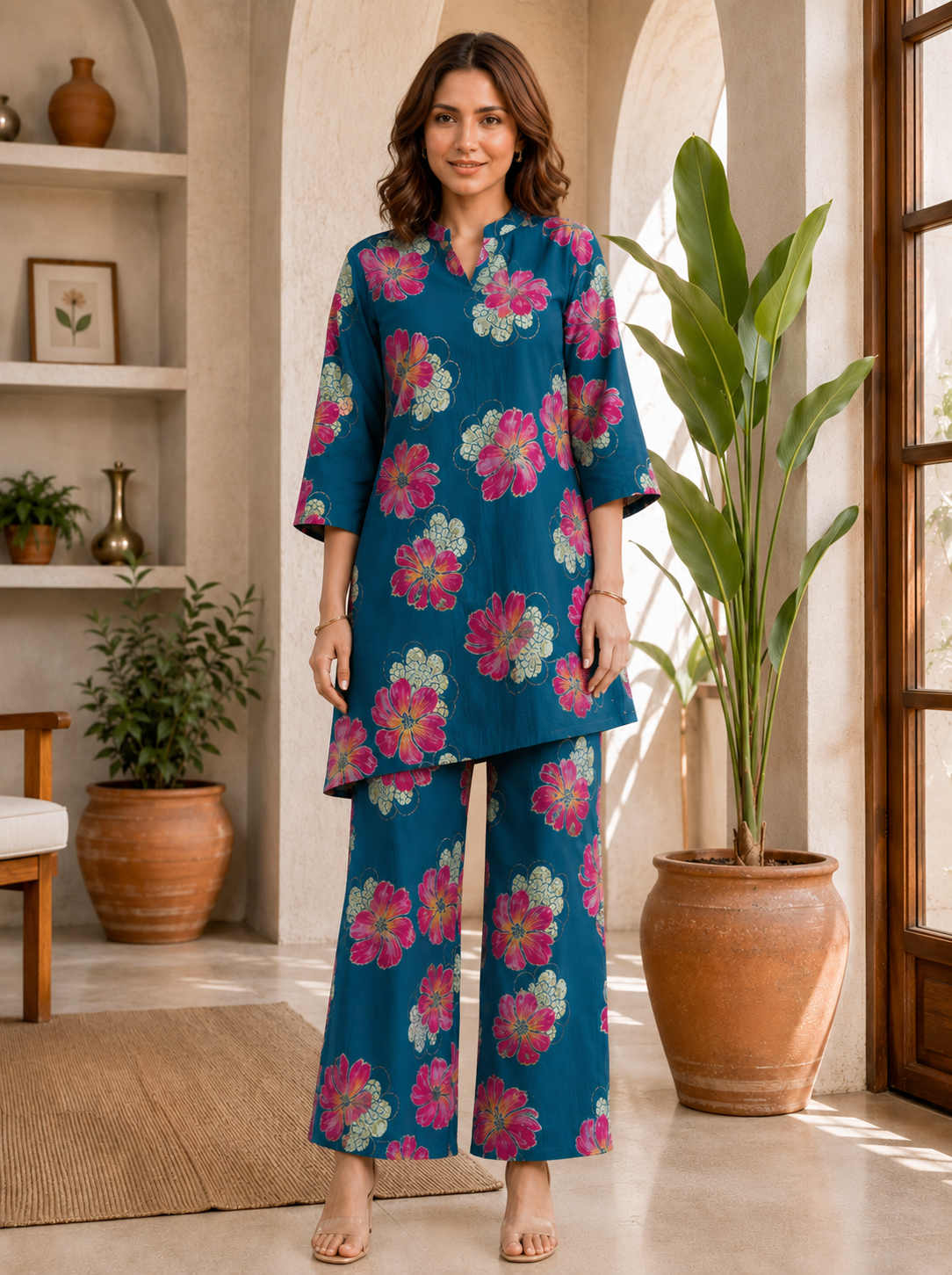 Blue Floral Printed Chanderi Silk Co-Ord Set for Women | Claura