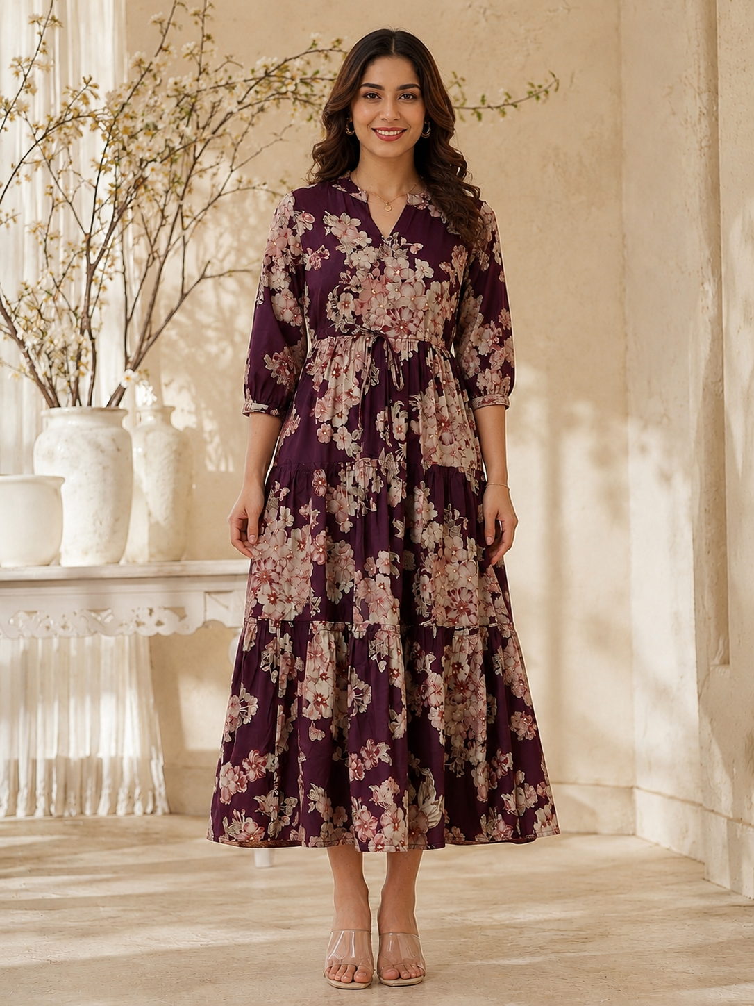 Purple Floral Printed Chanderi Silk Dress for Women | Claura