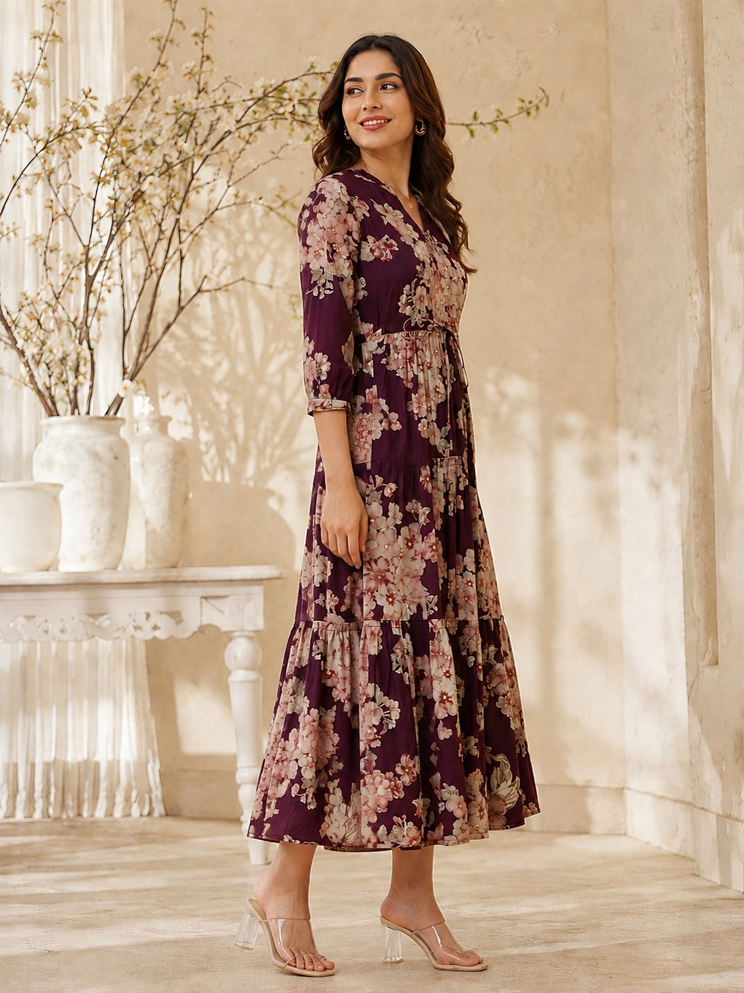 Purple Floral Printed Chanderi Silk Dress for Women | Claura