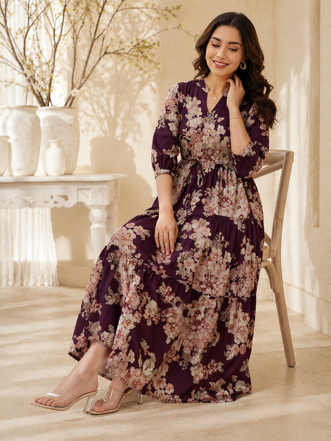Purple Floral Printed Chanderi Silk Dress for Women | Claura