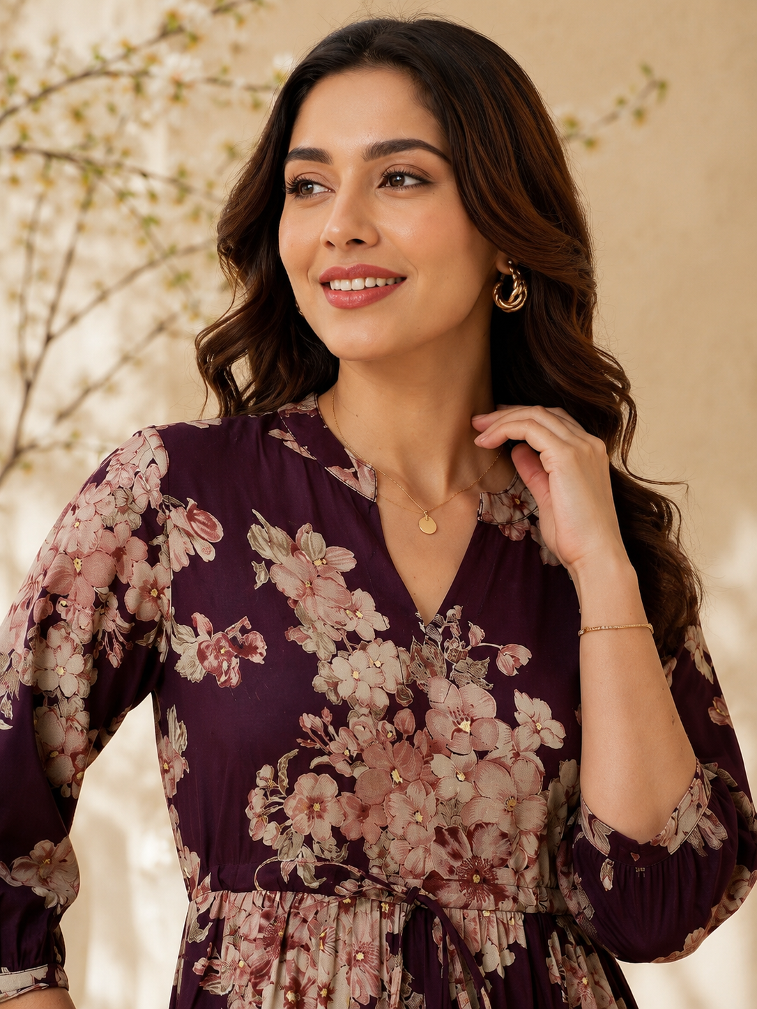 Purple Floral Printed Chanderi Silk Dress for Women | Claura