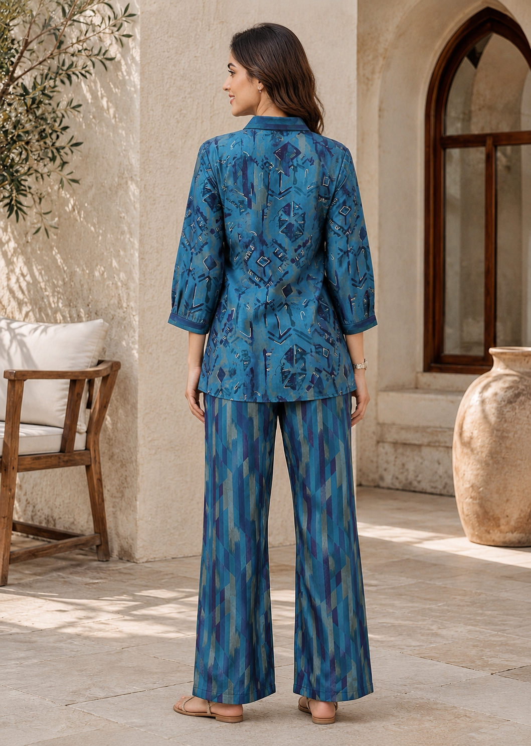 Blue Abstract Premium Chanderi Silk V-Neck Co-Ord Set Women