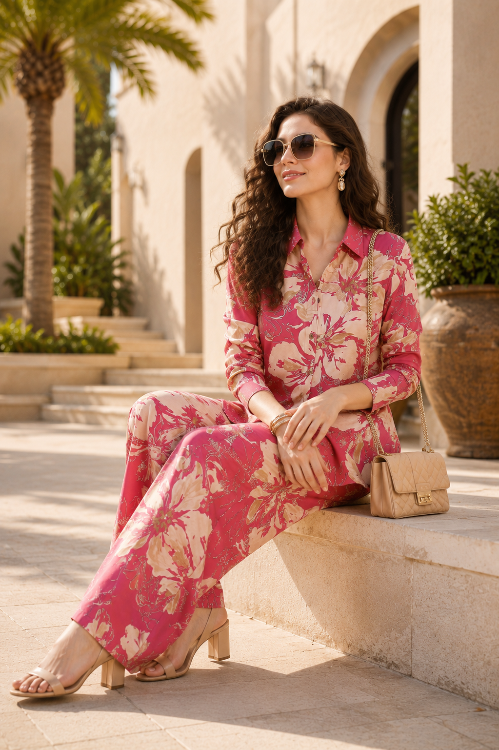 Pink Floral Premium Chanderi long sleeves Co-Ord Set Women