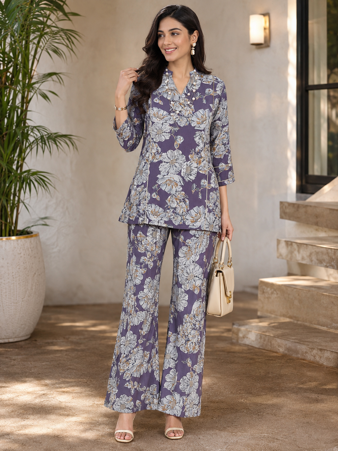 Purple Floral Chanderi Silk Co-Ord Set for Women