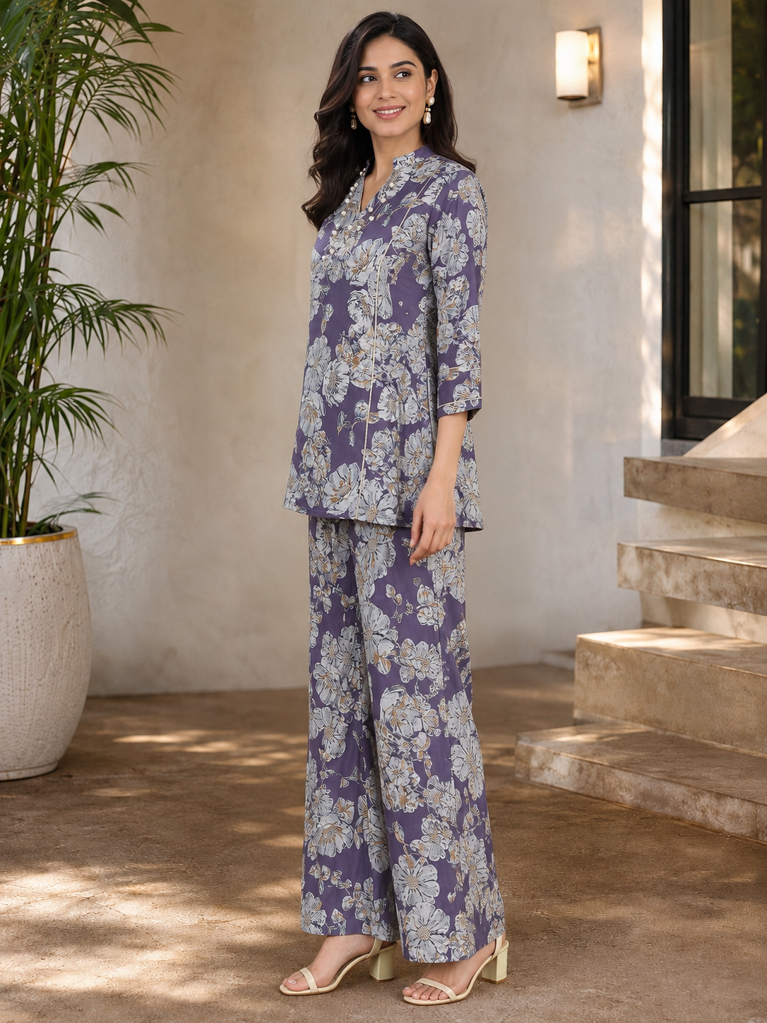 Purple Floral Chanderi Silk Co-Ord Set for Women