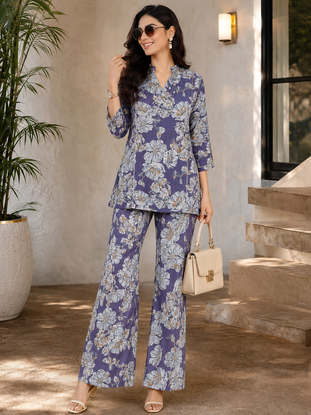 Purple Floral Chanderi Silk Co-Ord Set for Women