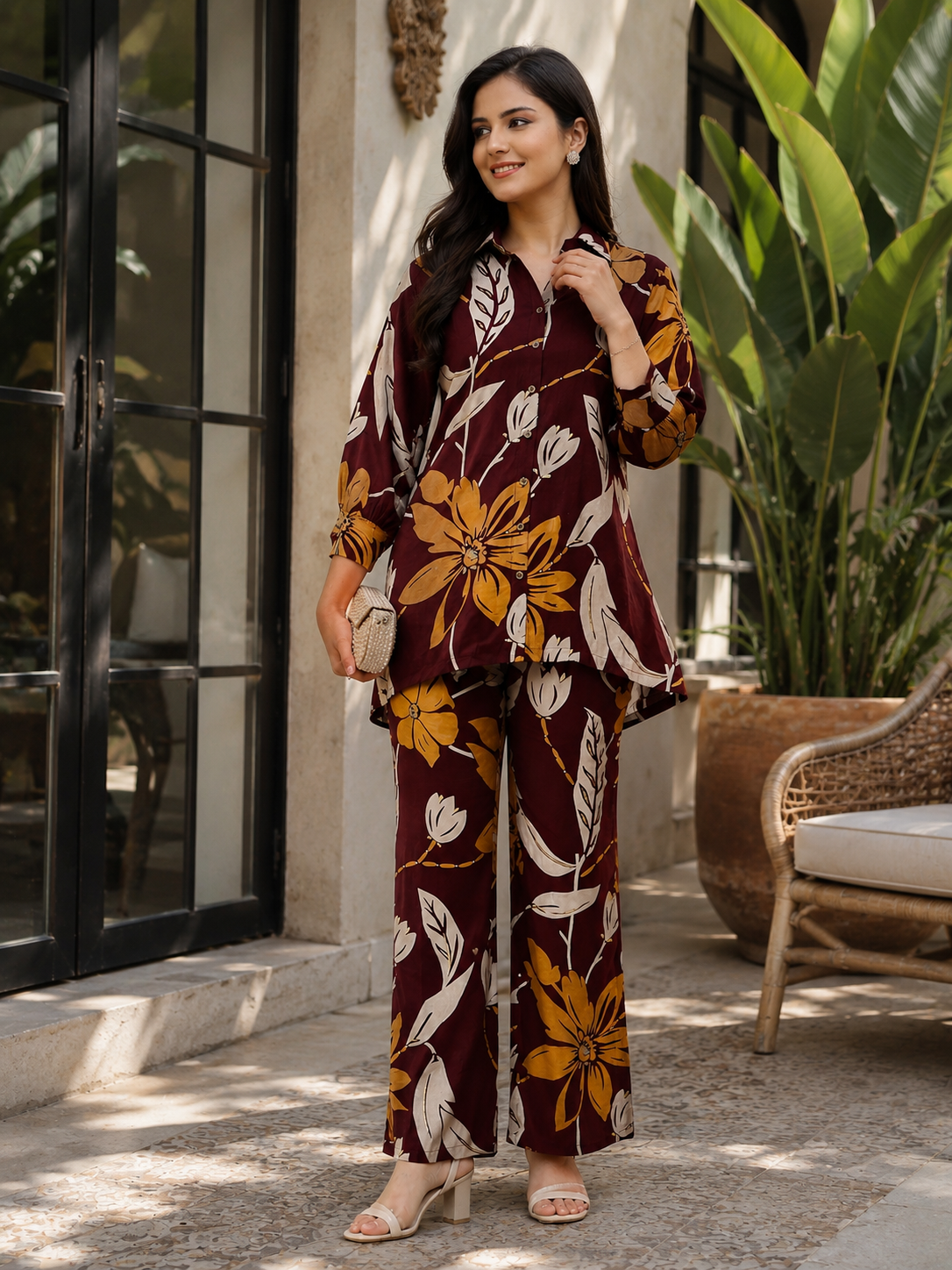 Maroon Floral Printed Chanderi Silk Co-Ord Set for Women