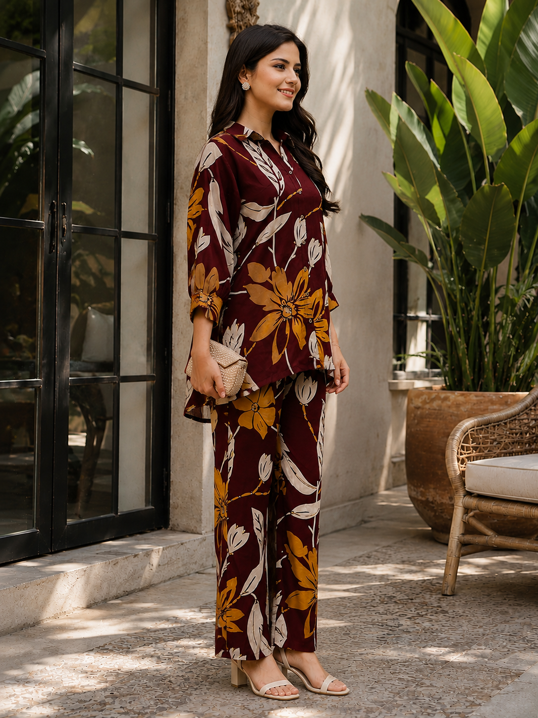 Maroon Floral Printed Chanderi Silk Co-Ord Set for Women