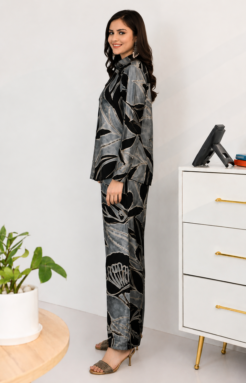 Black Floral Chanderi Silk Co-Ord Set for Women | Claura