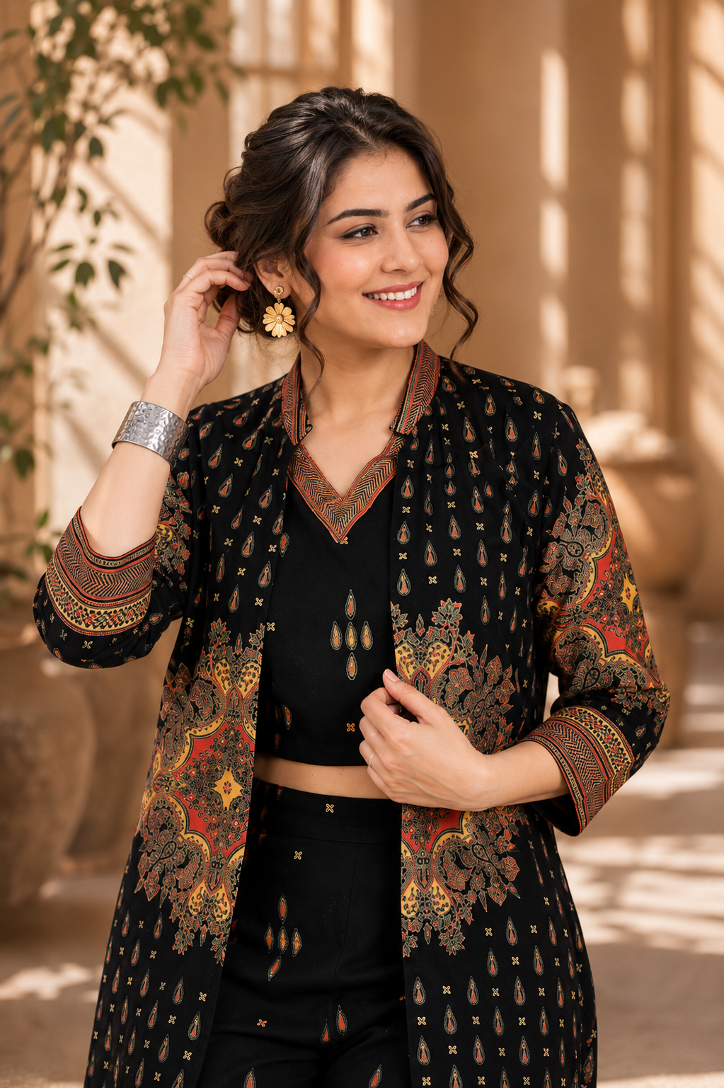 Black Ethnic Printed Viscose Rayon Co-Ord Set for Women | Claura