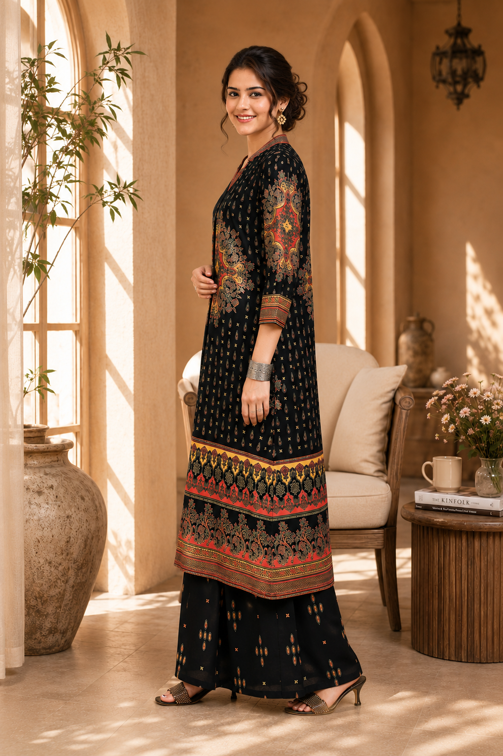 Black Ethnic Printed Viscose Rayon Co-Ord Set for Women | Claura