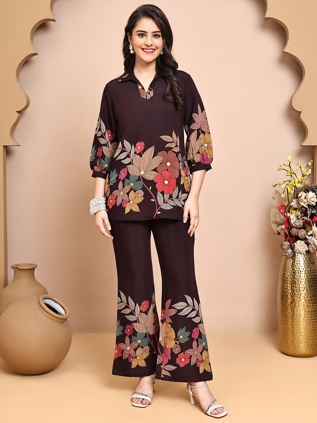 Woman wearing Coffee Floral Printed Co-Ord Set