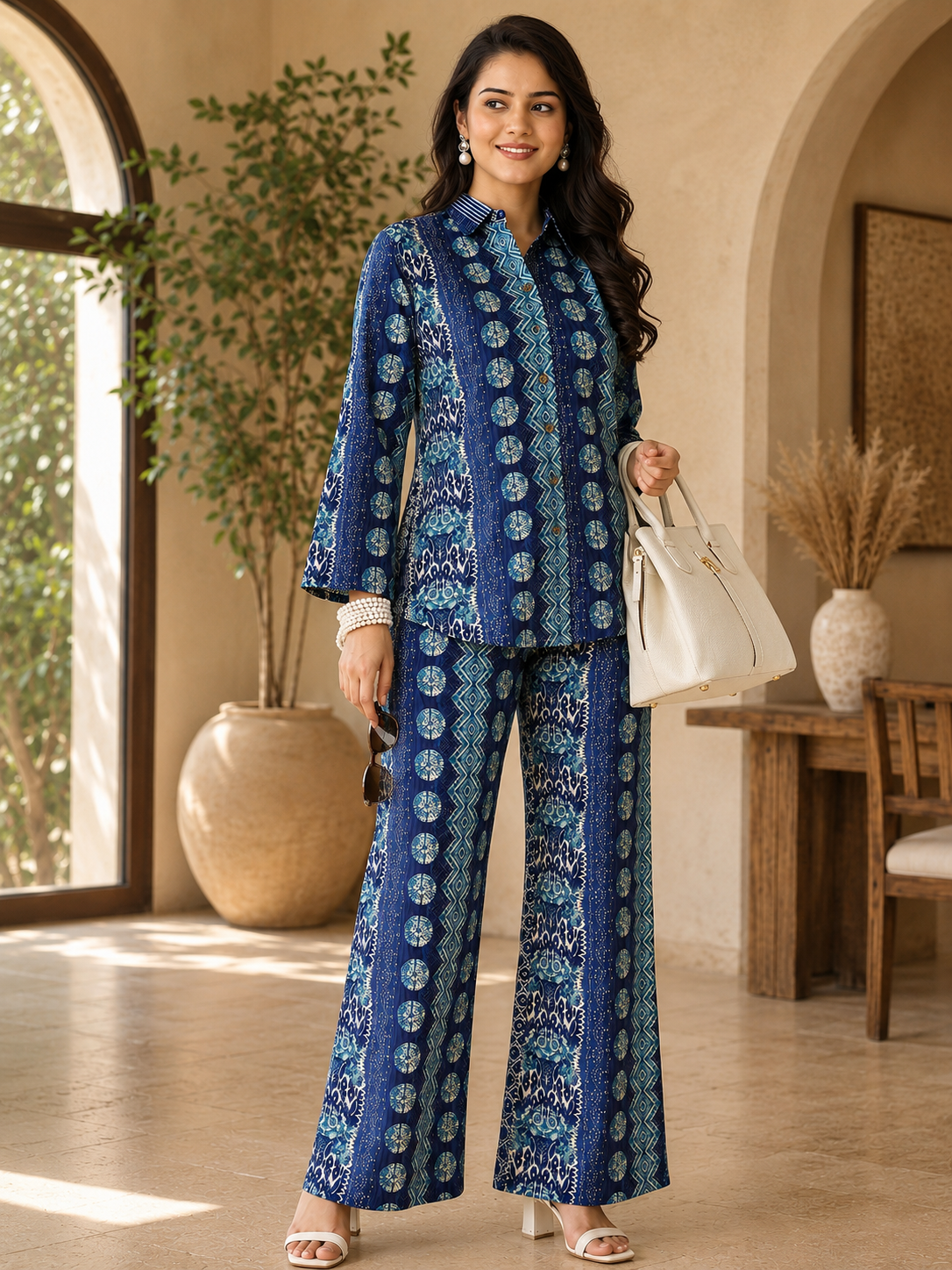 Blue Abstract Chanderi Silk Tunic Co-Ord Set for Women