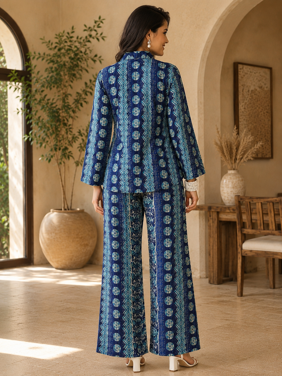 Blue Abstract Chanderi Silk Tunic Co-Ord Set for Women