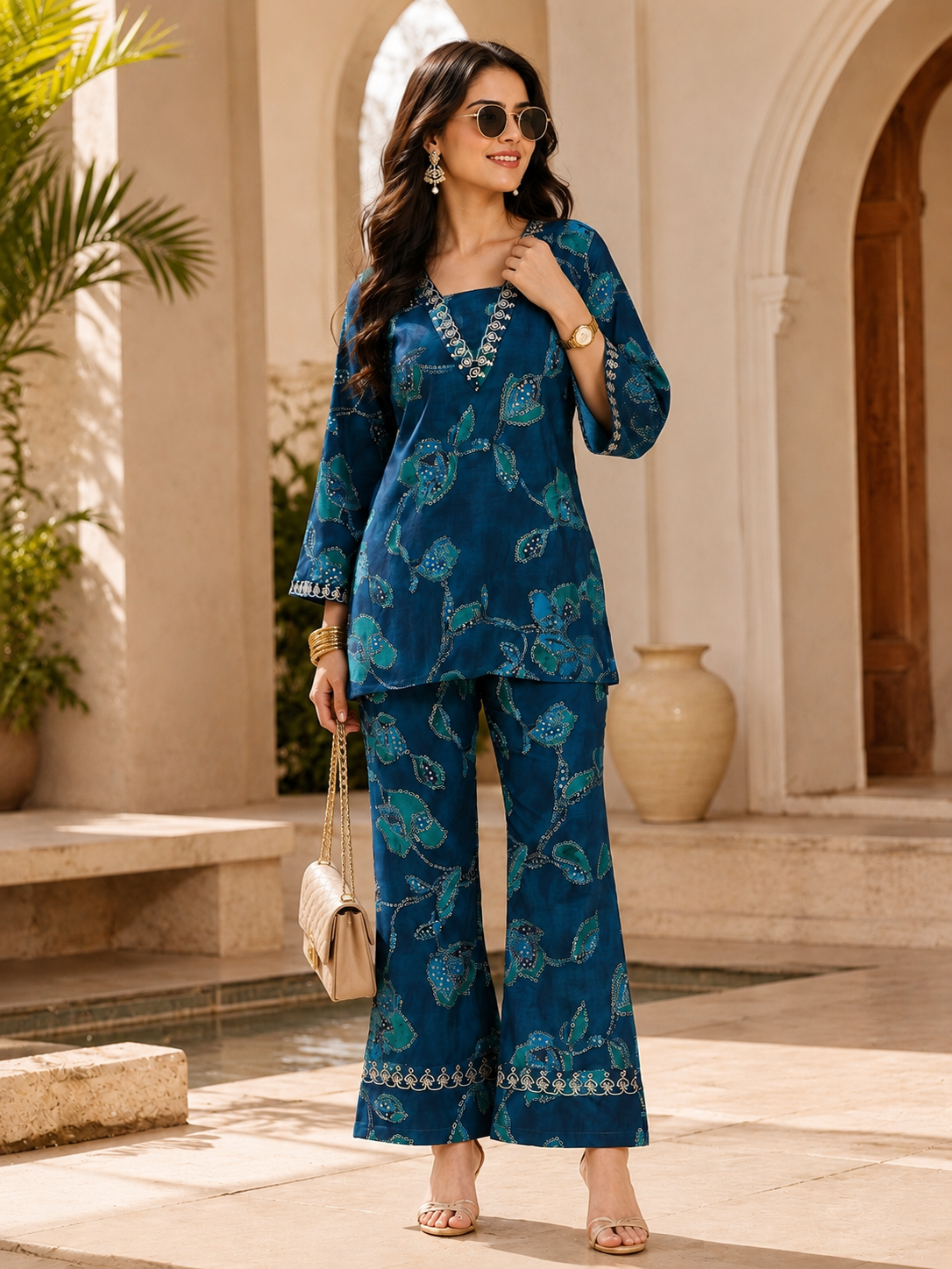 Blue Abstract Chanderi Silk Shirt Collar Co-Ord Set Women
