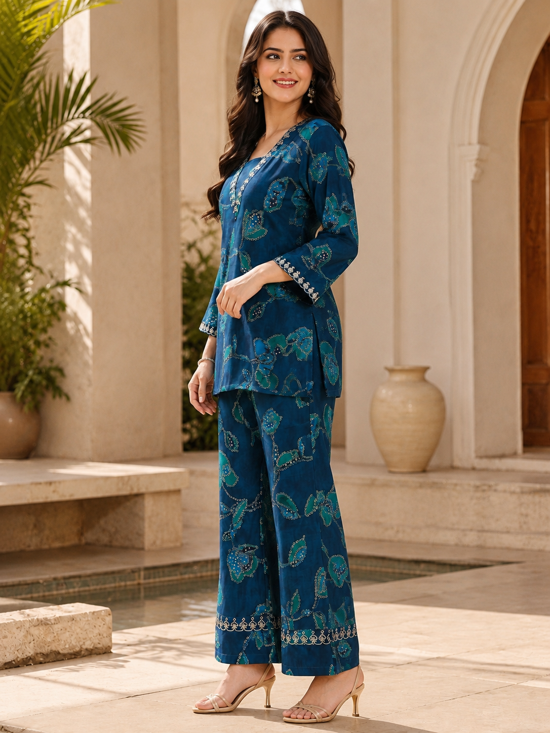 Blue Abstract Chanderi Silk Shirt Collar Co-Ord Set Women