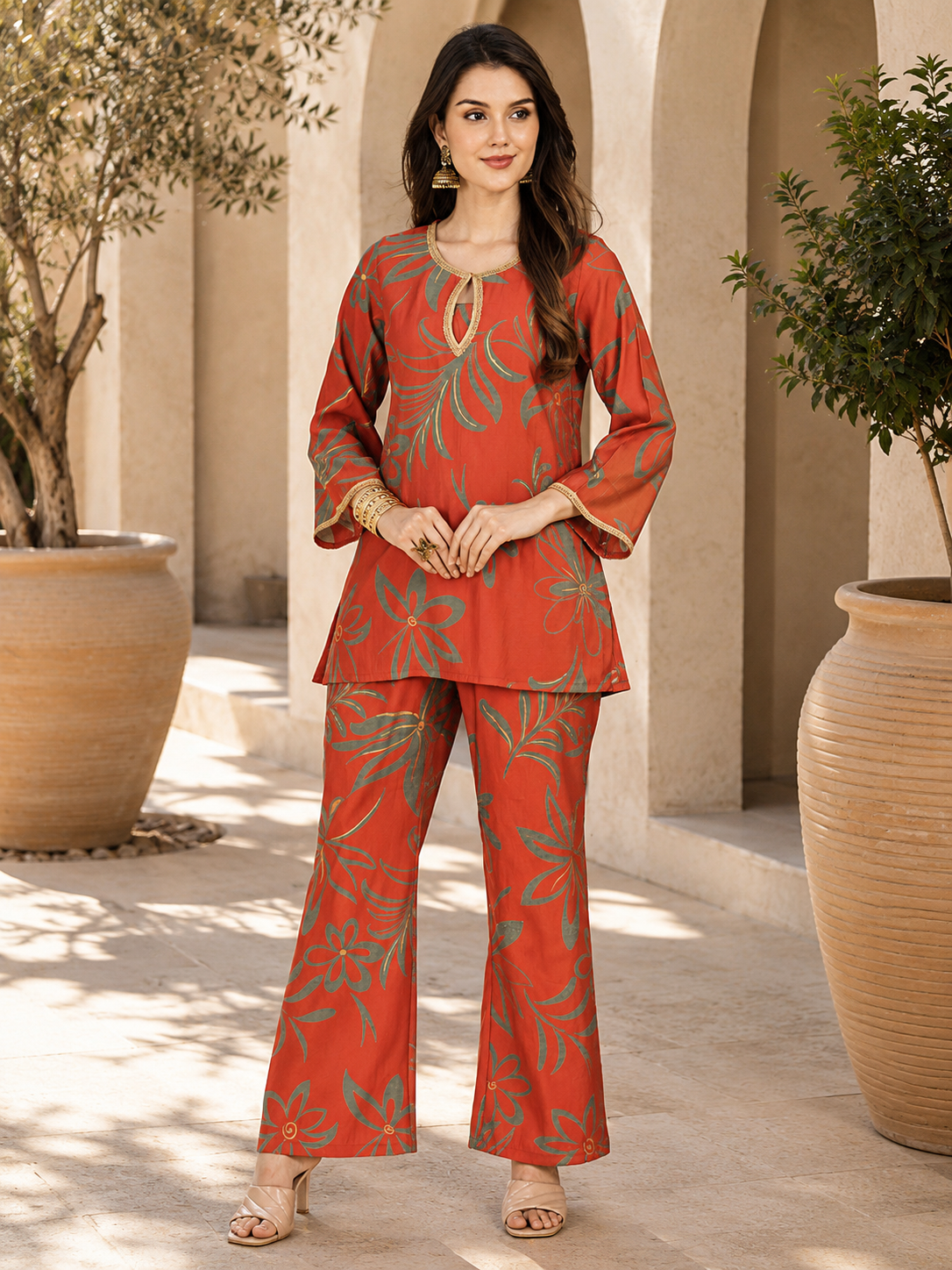 Orange Floral Chanderi Silk Co-Ord Set Women Three-quarter