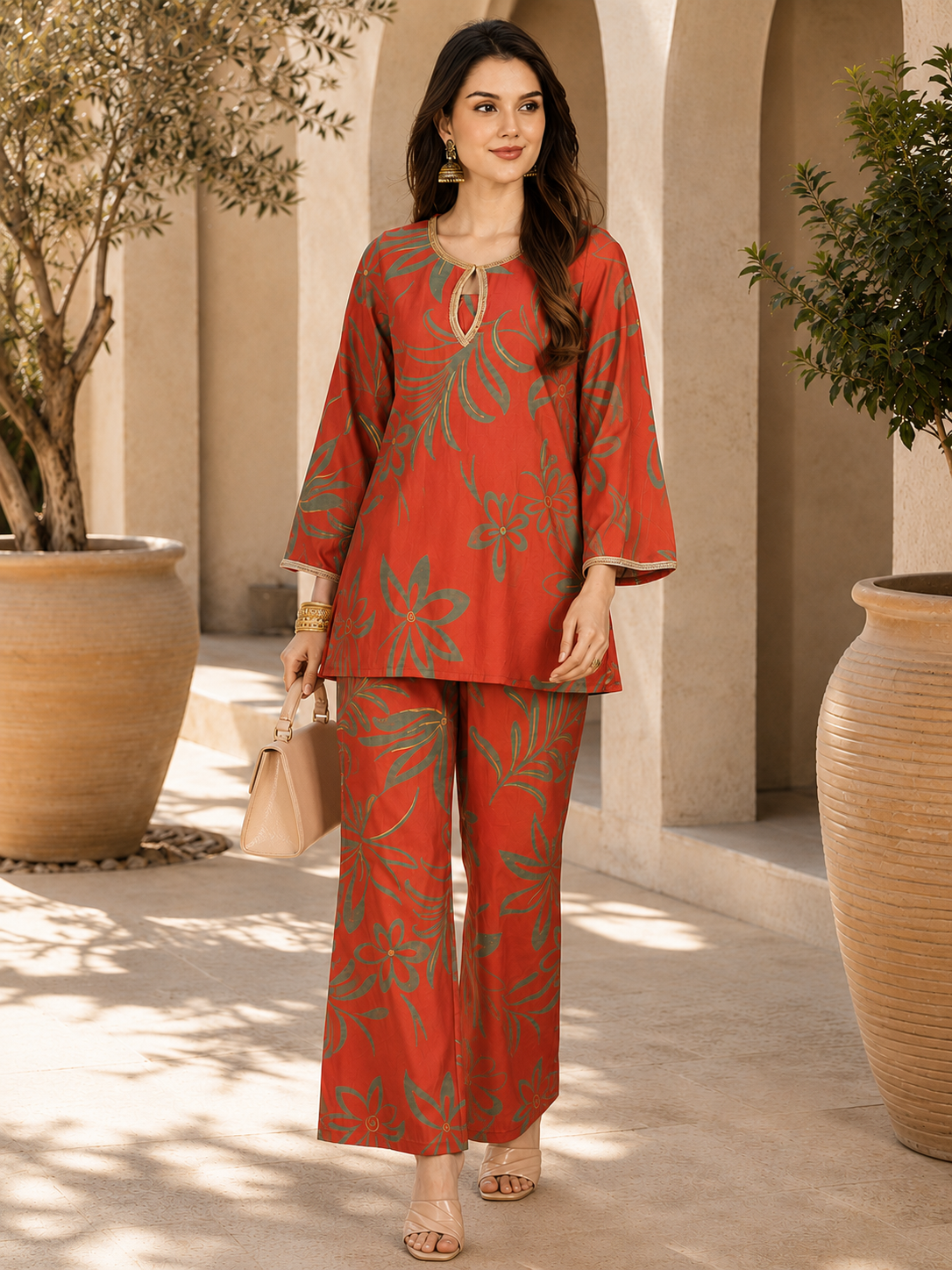 Orange Floral Chanderi Silk Co-Ord Set Women Three-quarter