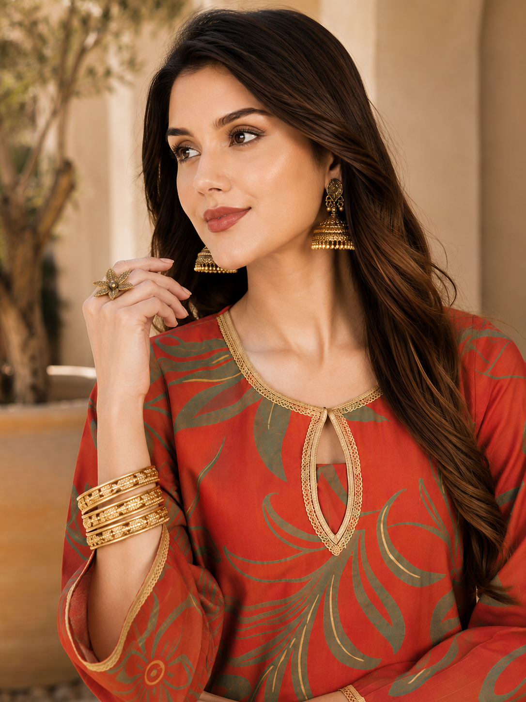 Orange Floral Chanderi Silk Co-Ord Set Women Three-quarter