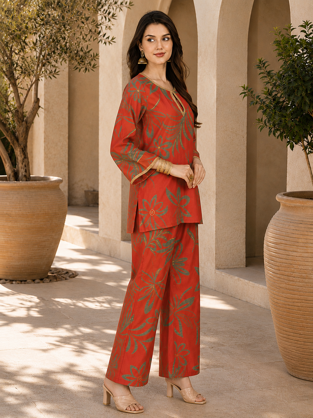 Orange Floral Chanderi Silk Co-Ord Set Women Three-quarter