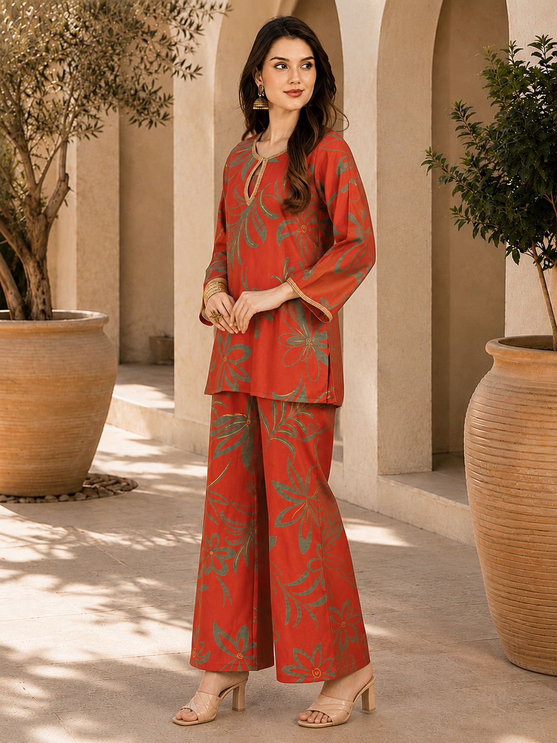 Orange Floral Chanderi Silk Co-Ord Set Women Three-quarter