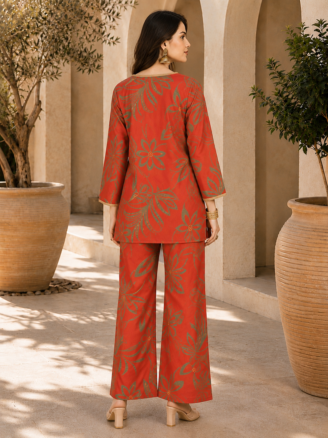 Orange Floral Chanderi Silk Co-Ord Set Women Three-quarter