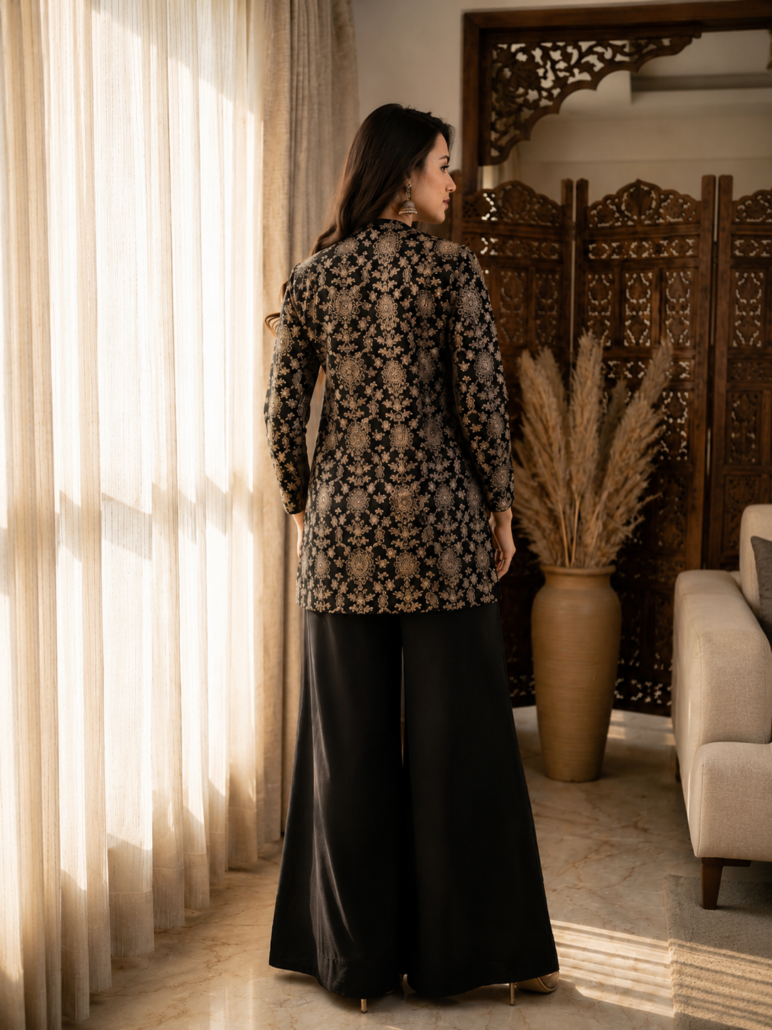 Black Ethnic Chanderi Silk Co-Ord Set for Women With Embroidered Jacket | Claura