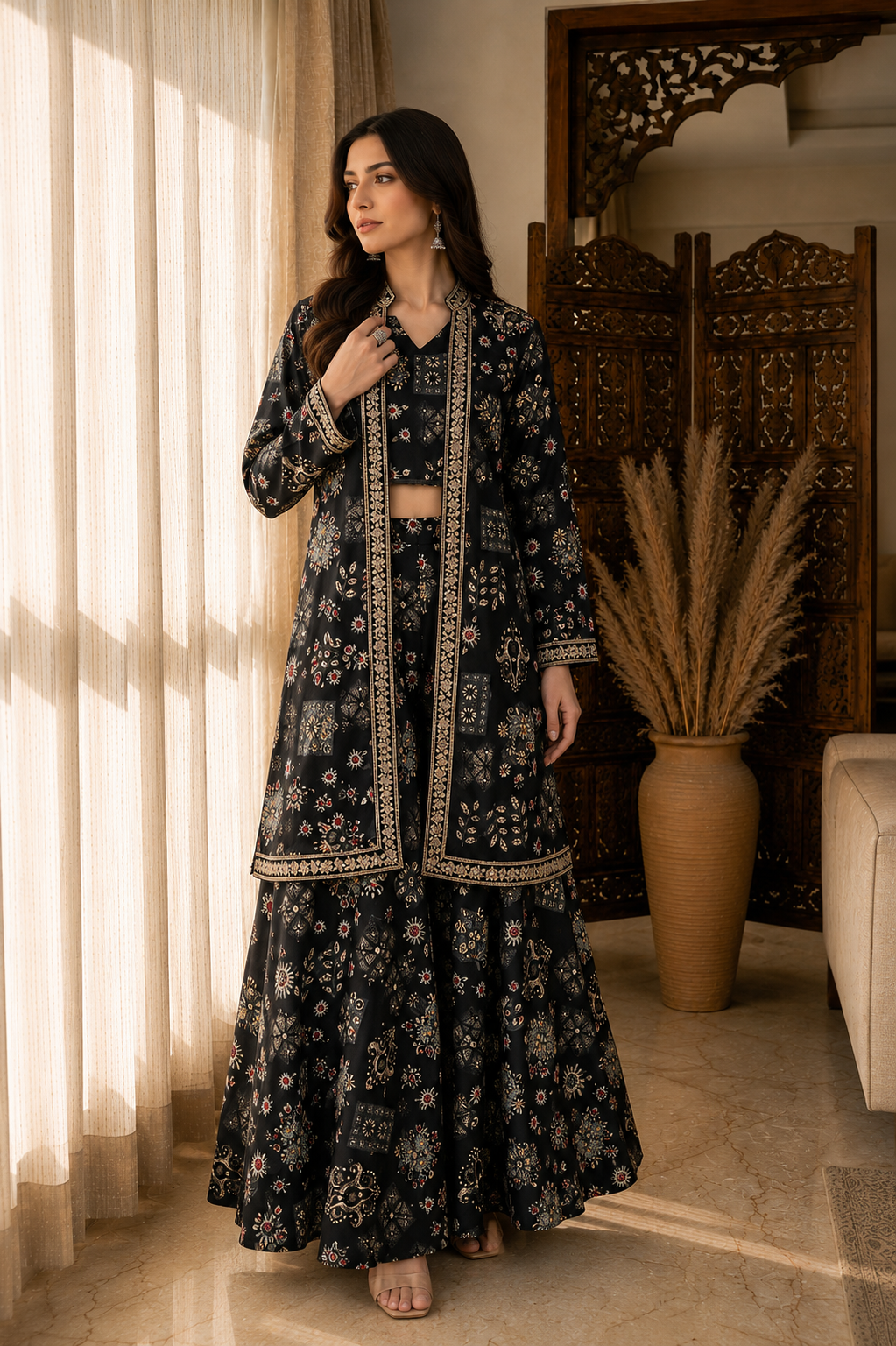 Black Ethnic Printed 3-Piece Chanderi Silk Co-Ord Set for Women | Claura