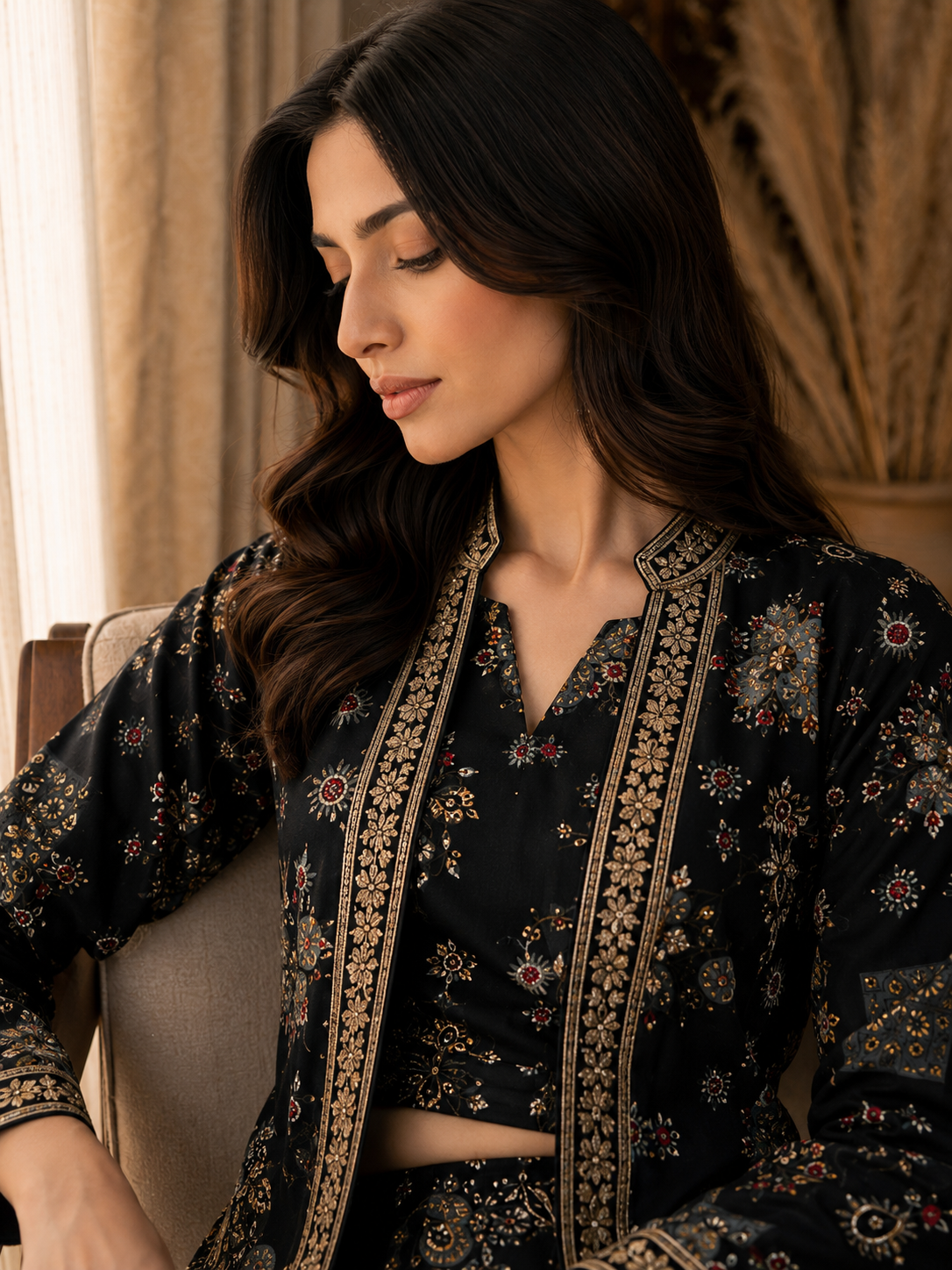 Black Ethnic Printed 3-Piece Chanderi Silk Co-Ord Set for Women | Claura