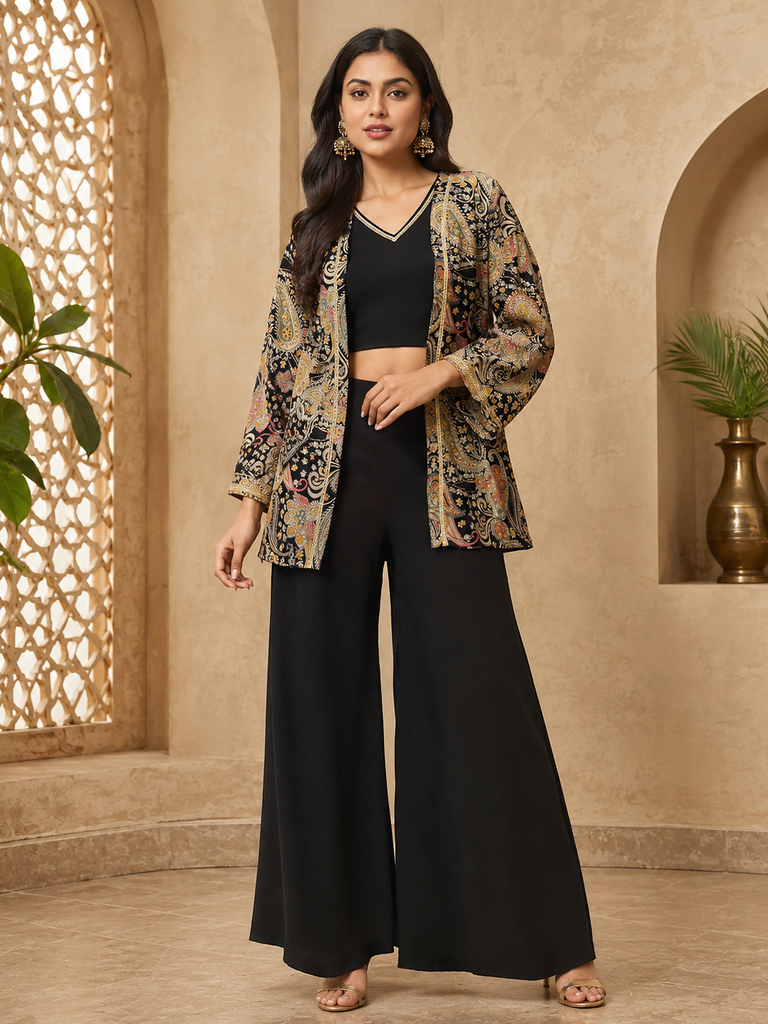 Black Ethnic Chanderi Silk Co-Ord Set for Women With Jacket