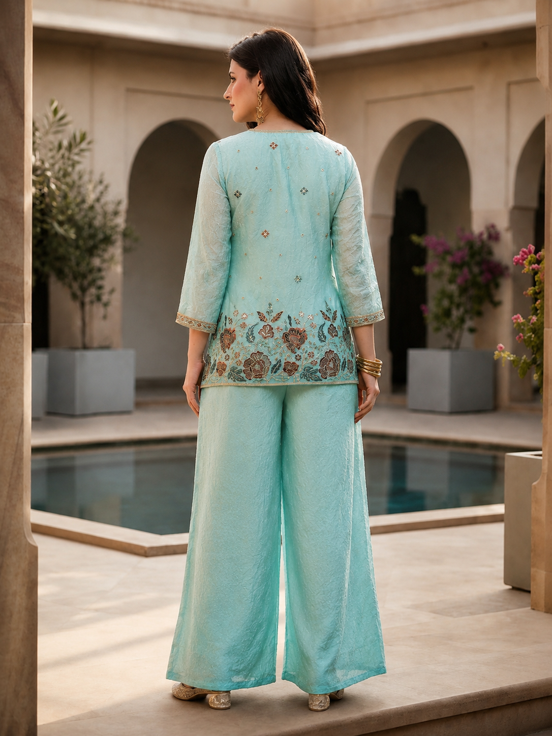 Pastel Blue Embroidered Tunic with Flowy Palazzo Set | Claura